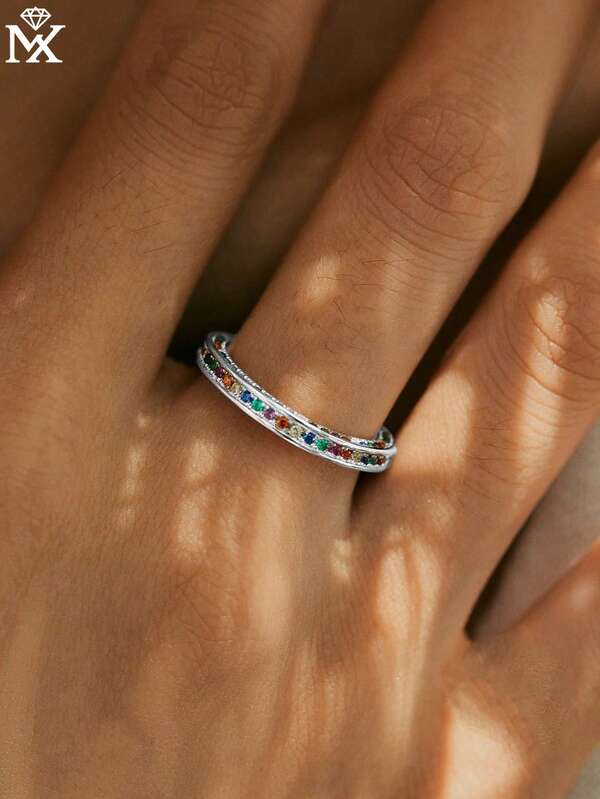 1pc 925 Sterling Silver Luxury Colorful Cubic Zirconia Rainbow Bar Open Ring, Suitable For Women As Daily And Party Wear Gift