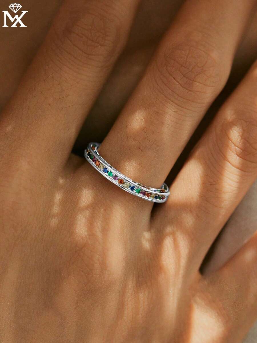 1pc 925 Sterling Silver Luxury Colorful Cubic Zirconia Rainbow Bar Open Ring, Suitable For Women As Daily And Party Wear Gift