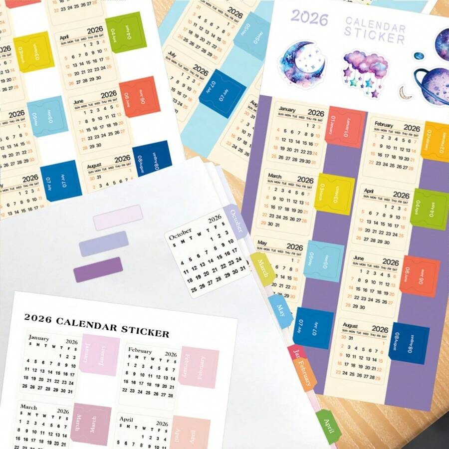 2 张 2026 年日历贴纸、月度计划表粘性索引分隔标签、12 个月页面周计划表标签，适用于笔记本日记本用品、记事本索引贴纸 - 彩色 - 查看 1