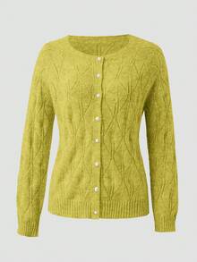 灰色纯色珍珠纽扣圆领长袖优雅开衫，适合秋季办公室、派对和社交场合穿着 | 穿着舒适 - 橄欖綠 - 查看 3