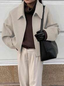 山茶花新款秋冬女式美式休闲街头风拉链装饰翻领夹克 - 米色 - 查看 1