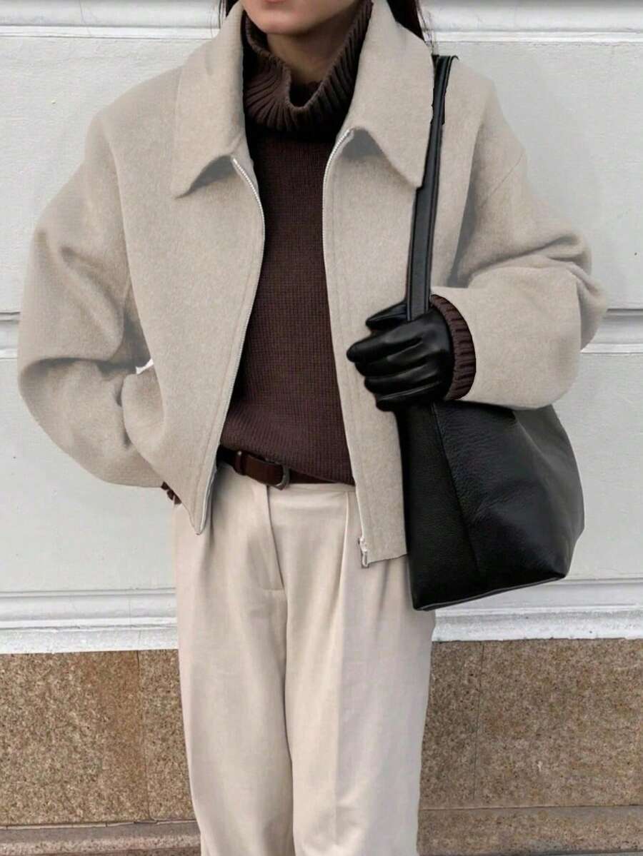 山茶花新款秋冬女式美式休闲街头风拉链装饰翻领夹克 - 米色 - 查看 1