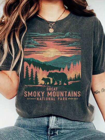 Tshirt Feminina Estilosa Estampada Smoky Mountains Lançamento Camiseta 100% Algodão Camisetão Solta Oversized Plus Size Camiseta
