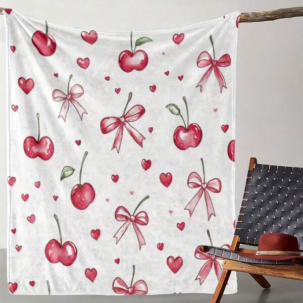 1 peça de cobertor de flanela pequeno com estampa de coração de cereja fresca, tecido para casa, capa de sofá, cobertor pequeno, xale e cobertor perfeitos para sofá, viagens, decoração de quarto, adequado para uso por família e amigos, lavagem à máquina opcional, impressão digital, estilo moderno