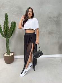 Women's Long Tulle Skirt For Festival Or Clubbing With Elegant Slit Casual Transparent Side Opening - 黑色 - 查看 10