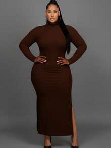 Elegant Plus Size Black Rib Knit Maxi Dress With High Neck And Long Sleeves, Fitted Style With Slit Hem For Party - Coffee - View 1