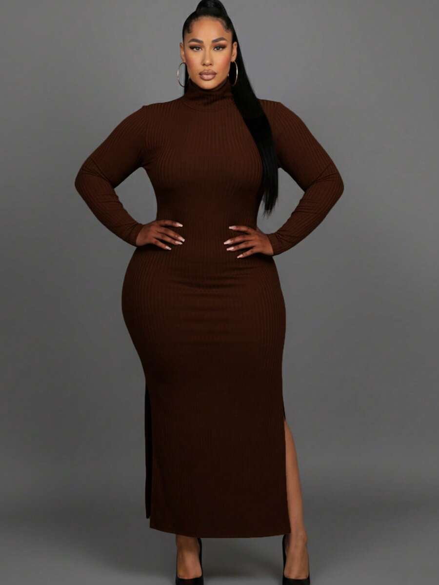 Elegant Plus Size Black Rib Knit Maxi Dress With High Neck And Long Sleeves, Fitted Style With Slit Hem For Party - Coffee - View 1