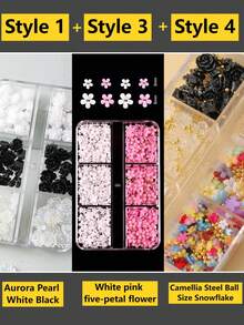 120片8mm+6mm极光山茶花玫瑰美甲装饰贴，透明/白色/黑色混合，3D立体设计，易于粘贴，适用于婚礼、假期、青春活动等场合，可用于美甲设计、珠宝制作、棺材形美甲、法式杏仁形美甲、短指甲和长指甲、椭圆形指甲、方形指甲、珠宝工艺、毕业帽设计、DIY手机壳等。美甲用品 - 彩色 - 查看 17