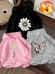Conjunto de 3 piezas de sudadera con estampado gráfico para niña preadolescente, sudadera cálida y cómoda con forro térmico para otoño/invierno - Negro - Ver 1