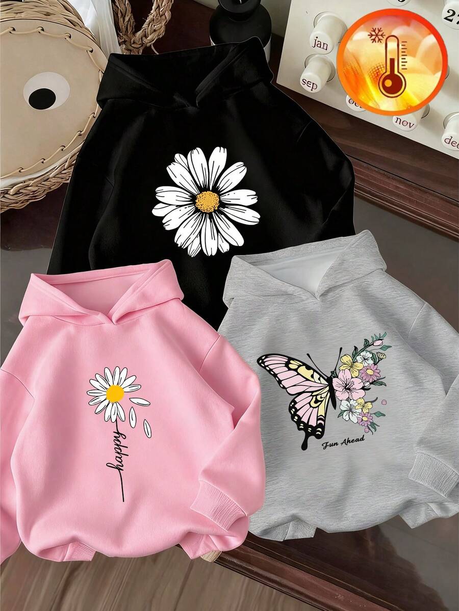 Conjunto de 3 piezas de sudadera con estampado gráfico para niña preadolescente, sudadera cálida y cómoda con forro térmico para otoño/invierno - Negro - Ver 1