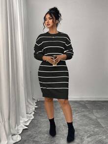Vestido casual de mujer talla grande con bloques de color y rayas acanaladas en negro - Negro - Ver 5
