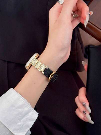 Creative Asymmetrical Rhinestone Bracelet Leather Strap Suitable For 38/40/41/42/44/45/46/49mm Dial Sizes, Compatible With Apple Watch Ultra/Se10/9/8/7/6/5/4/3/2/1 Series Straps