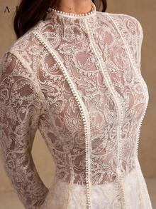 Sedessea Gorgeous Paisley Embroider Mesh Splicing See Through Long-Sleeved Top, Wedding Season, Valentine's Day, White Party Event, Old Money Style, Court Style, Eye-Catching, Elegant Everyday, Autumn Winter - Apricot - View 2