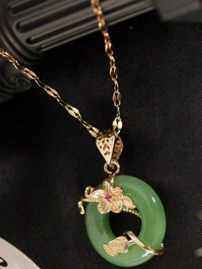 1 pieza Conjunto de anillo y collar con flor de la paz verde, colgante de loto de jade verde de lujo micro-incrustado, adecuado para uso diario de mujeres, regalo del Día de San Valentín