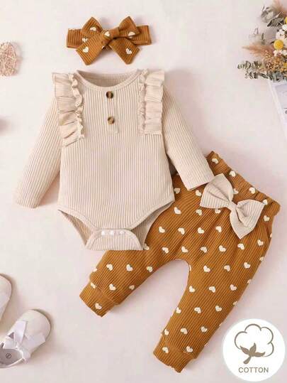 Bebé niña ribete con fruncido Body & con estampado de corazón con lazo delantero Pantalones con banda cabeza