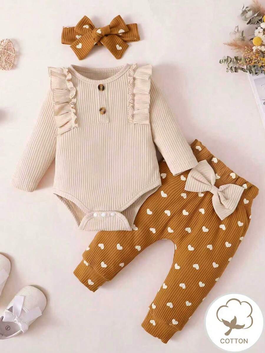 Bebé niña ribete con fruncido Body & con estampado de corazón con lazo delantero Pantalones con banda cabeza