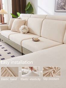 1pc Stretch Sofa Seat Cushion Cover, All Season Non-Slip Sofa Slipcover, Full Coverage Sofa Protector, Washable, Dust-Proof, Pet-Friendly, Adjustable For L-Shaped Sofa, Suitable For Bedroom, Office, Living Room - cream color - View 11