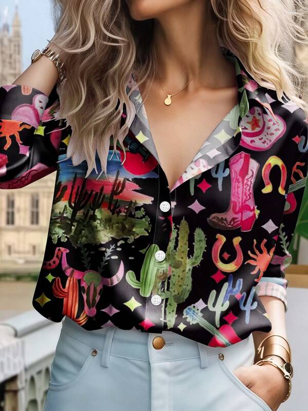 Chemise boutonnée à imprimé de dessin animé, convient pour Halloween