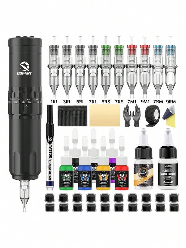 DQFART Kabelloses Tattoo-Pistolen-Set, ausgestattet mit 1500mAh Stromversorgung, 6 einstellbare Hubhöhen, All-in-One Tattoo-Maschinen-Stift, komplettes Tattoo-Set, inklusive Tattoo-Nadeln, Tattoo-Farbe und verschiedenem Tattoo-Zubehör, geeignet für Anfänger und Tattoo-Künstler, passend für Halloween, Weihnachten und viele andere Anlässe