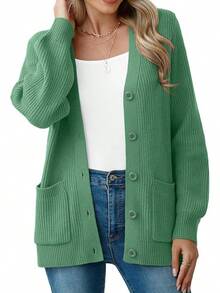 Women Chunky Knit Cardigan Sweater Long Sleeve Button Up Cardigan With Pocket Sweater Coat Fall And Winter, Fashionable Knitwear SLK8 - Xanh ngọc lục bảo - Xem 12