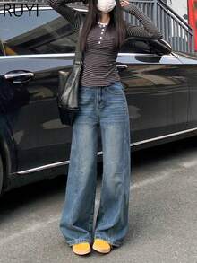 女士蓝色拼接阔腿牛仔裤，休闲宽松版型，适合日常通勤和购物 - 淺色水洗藍 - 查看 2