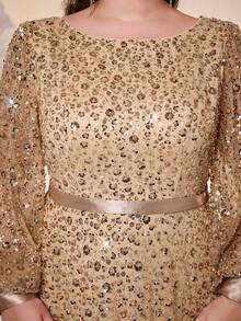 Mgiacy，新品上市，加大码舞会礼服，浪漫女士加大码正式礼服，金色亮片长袖蝴蝶结袖口圆领喇叭下摆长款礼服，适合晚宴派对。