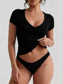 XLLAIS Women's T Shirt Sexy V Neck Summer Short Sleeve Slim Top Stretch Solid Casual Tee - Black - View 3