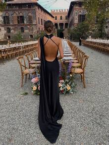 Basrey 新款优雅女士纯色吊带纽扣高腰缎面露背收腰派对长裙，适合婚礼、晚宴、约会和其他场合。 - 黑色 - 查看 10