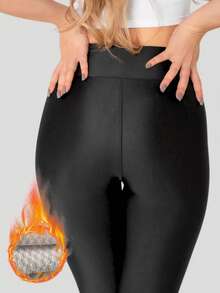 Thermisch gefütterte glänzende Leggings für den Winter, Thermische Freizeithose mit hoher Taille, Ananaskaro, dehnbar, mit ausgefranstem Saum, knöchellang - Schwarz - Übersicht 6