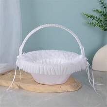 Photography Basket Props For Studio Photo Shoots With Pearl And Satin Ribbons For Weddings And Special Events - White - View 2