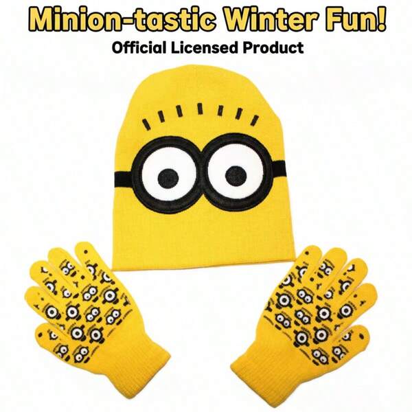 Minions 3 pièces Chapeau d'automne et d'hiver, bonnet tricoté, protection des oreilles, nouveau chapeau mignon, gants, écharpe, pour l'extérieur, ramassage et ski
