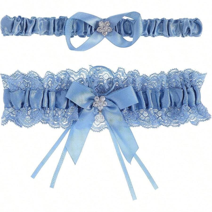 2Pcs Lace Wedding Garter Set Bride, White Bridal Garter With Stretchy Elastic Band, Keepsake And Toss Garters - Màu xanh lam - Xem 1