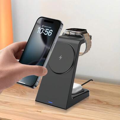 Estación de carga inalámbrica rápida magnética 3 en 1, cargador inalámbrico portátil compatible con iPhone 17 Air 16 15 14 13 12 Pro/Pro Max/Plus/Mini, compatible con 2/3/4/Pro, compatible con Apple Watch Ultra/11/10/9/8/7/SE/6/5/4/3/2, cargador para múltiples dispositivos para el hogar, la oficina y los viajes