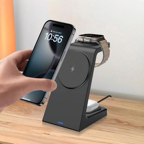 محطة شحن لاسلكية مغناطيسية متعددة الأجهزة 3 في 1 متوافقة مع هواتف آيفون 17 16 15 14 13 12 برو/برو ماكس/بلس/ميني، وسماعات الأذن 2/3/4/برو، وساعات آبل Ultra/11/10/9/8/7/SE/6/5/4/3/2 للاستخدام المنزلي والمكتبي والسفر