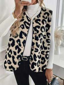 Leopard Print Contrast Color All-Over Print Button Decor Contrast Trim Sleeveless Women Coats