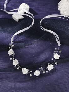 1pc Bridal Wedding Headpiece With Pearl Decor Flower Hairband Brides Stylish Hair Accessory For Wedding And Special Occasions - White - View 3