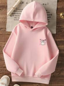 1pc Tween Girl Casual Printed Pullover Sweatshirt, Thermal Lined, Long Sleeve, Autumn/Winter Student Clothing - Pink - View 4