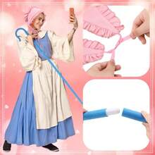 2 Pcs Halloween Shepherdess Costume Pink Medieval Bonnet And Blue Staff For Women Halloween Christmas Cosplay Party