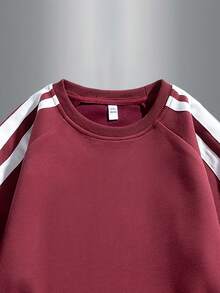 时尚高街撞色条纹装饰罗纹袖口和下摆户外休闲套头衫，适合青少年，春秋季 - 紅色 - 查看 3