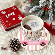 4pcs/8pcs Pink Christmas Theme Coasters, Christmas Pattern Absorbent Pads Coffee Mats Drink Coasters, Kitchen Table Room Bar Decor Holiday Gift - Multicolor - View 2