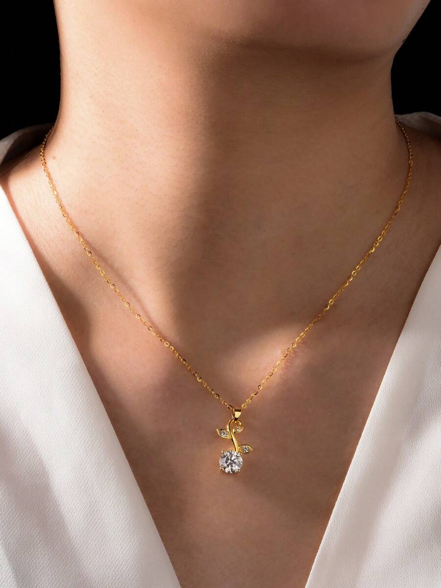 1pc S925 Sterling Silver Circular Zirconia Stone Flower Design Fashionable & Elegant Bridal Necklace, Suitable For Weddings, Dates, Daily Wear, Small Gatherings, Birthdays, Anniversaries, Valentine's Day Gifts - Gold - View 1