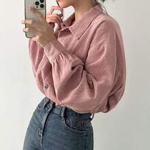 Jaket Pendek Lengan Lentera Kerah Lipat Saku Dada Bahan Korduroi Warna Pink Polos, Cocok untuk Acara Santai dan Pertemuan Natal di Musim Dingin - Berwarna merah muda - View 3