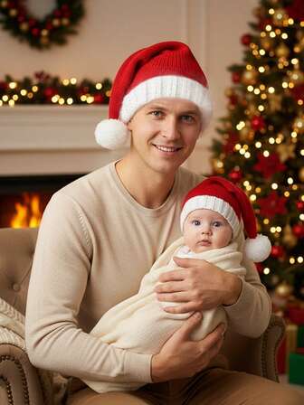 1pc/2pcs Christmas Style Knitted Hat, Suitable For Baby, Parent-Child Matching, Daily And Holiday Decoration