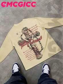 Manfinity Y2k Long Sleeve Shirts ,Graphic T Shirt Cotton 250g,Fashionable Hip-Hop For Men -  Long Sleeve T-Shirts, Funny Vintage Shirts,Regular Fit, Street Style, Digital Print,  Ideal Gift - 米色 - 查看 3