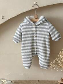 INS Newborn Baby Unisex Button Striped Knitted Thick Warm Lining Romper, Winter