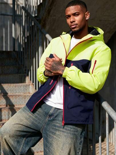 1pc Men's Outdoor Sports Windbreaker Jacket, Contrast Color Design, With Hood And Pockets, Suitable For Daily Wear