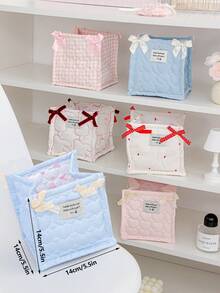 1pc Desktop Quilted Storage Basket With Bow, Desktop Debris Storage Basket For Desktop Organization And Storage, Lipstick Makeup Brush Skin Care Storage Basket, Tabletop Decoration, Cosmetic Storage Basket For Storing And Organizing Brushes And Skin Care Products, Headphone Lipstick Storage, Portable Picnic Basket, - Multicolor - View 10