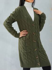 Female Cardigan, Solid Color Long Sleeve Sweater Knitted Coat With Pockets For Spring Fall, S/M/L - Army Green - View 2