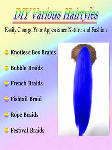 1-2pcs 26 Inch Blue DIY Braiding Hair Extensions | Women Synthetic Yaki Straight Heat Resistant Fluffy Ponytail | Suitable For Halloween, Christmas, Holiday Parties - Blue - View 5