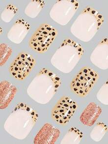 Express Your Love With 24Pcs Short Square Stick On Nails Simple Fashion Yellow French Style Black Spotted Leopard Fake Nails Elegant Leopard French Style Red Glitter Fake Nails Full Cover False Nails For Women And Girls Includes 1 Sheet Adhesive Tabs & 1 Pc Mini File Jelly Gel Random Shipment Nail Supplies Nails - màu nâu - Xem 3